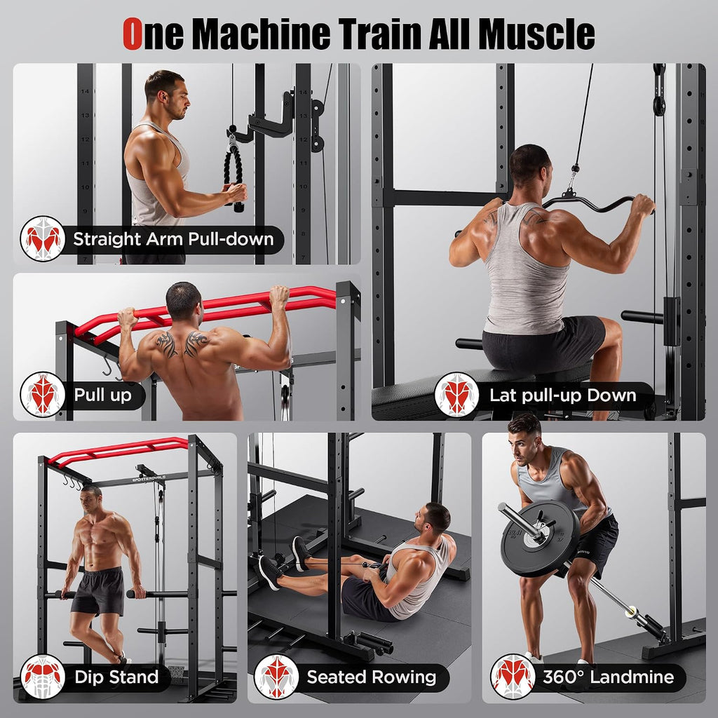 Power Rack, Multi-Functional Power Cage, Squat Rack with Pulley System & LAT Pull Down, Workout Cage with J Hooks for
