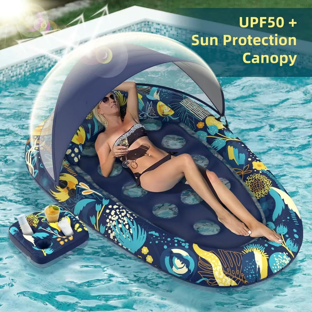 3-in-1 Pool Floats with Canopy Cup Holder, Tanning Pool Large 73" x 48" Float Adult Heavy Duty, Inflatable Lounger