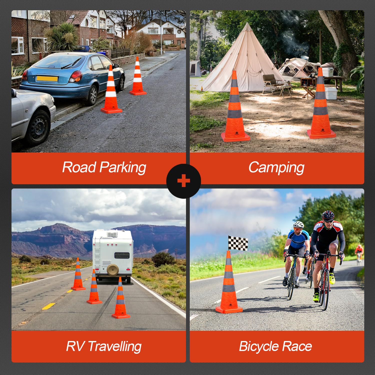 36 Inch Orange Collapsible Traffic Safety Cones with Bag, 2 Pack | Multi Purpose Pop-up, Reflective Collar, Road
