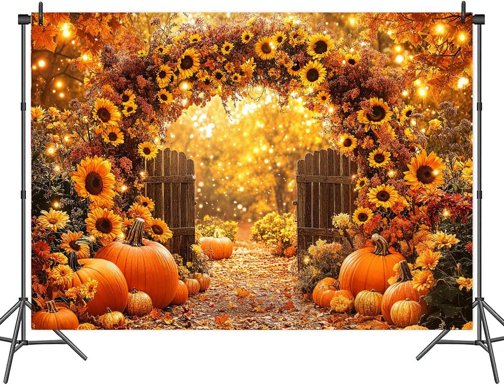 7 x 5 ft Fall Backdrop Autumn Sunflower Arch Forest Leaves Pumpkins Scenery Rustic Trail Harvest Photography