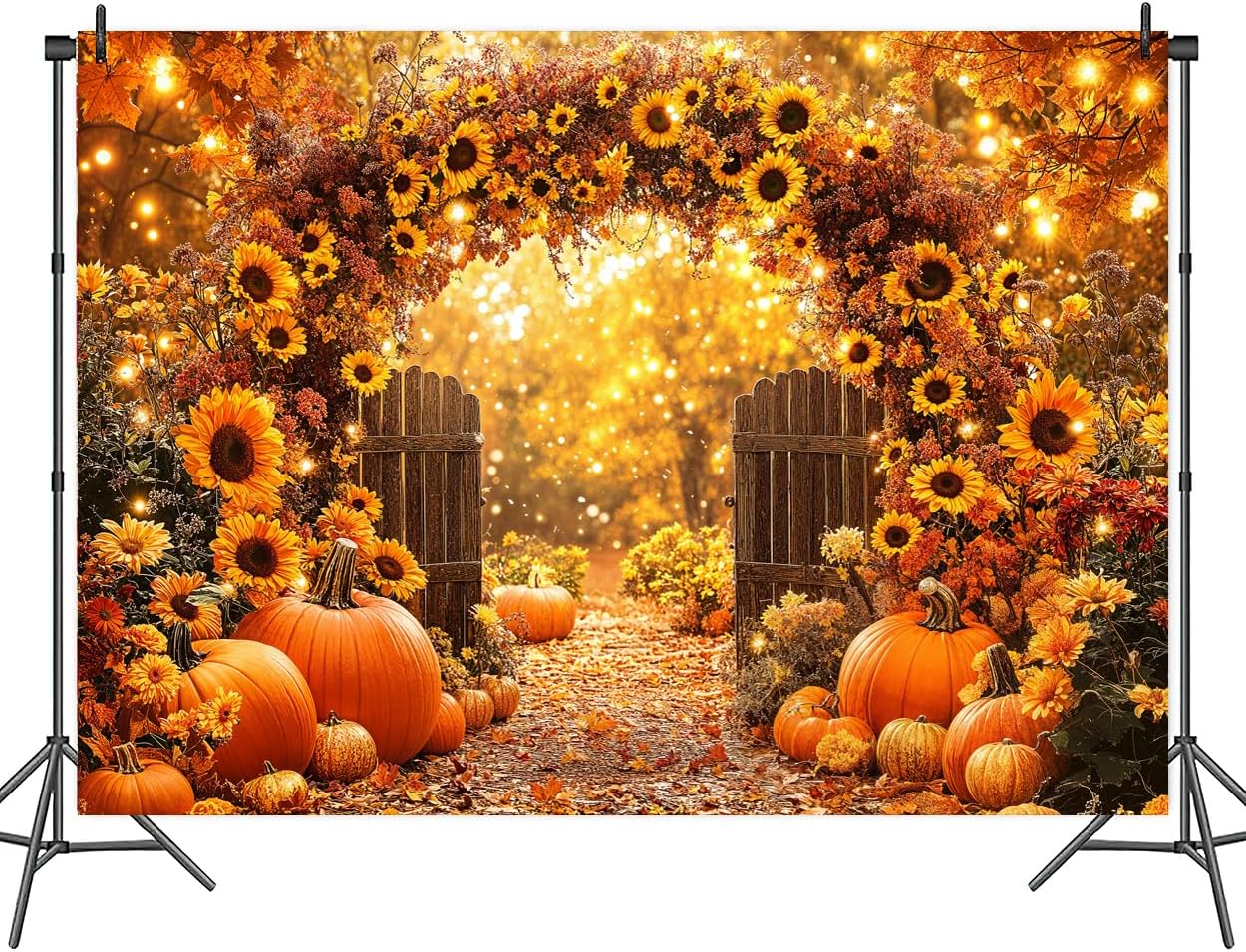 7 x 5 ft Fall Backdrop Autumn Sunflower Arch Forest Leaves Pumpkins Scenery Rustic Trail Harvest Photography