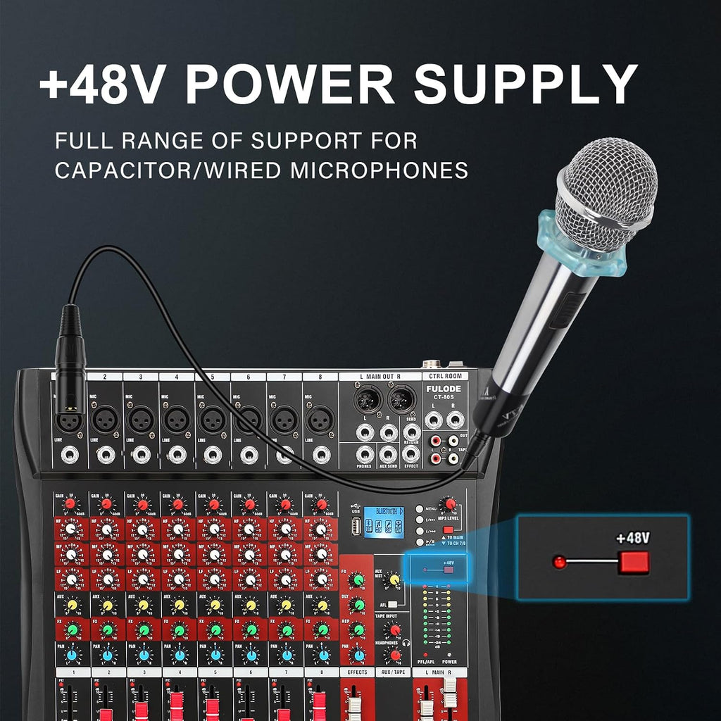Audio Mixer 8 Channel, CT-80S Professional Sound System Mixer Board DJ Mixing Console with Reverb MP3 Player