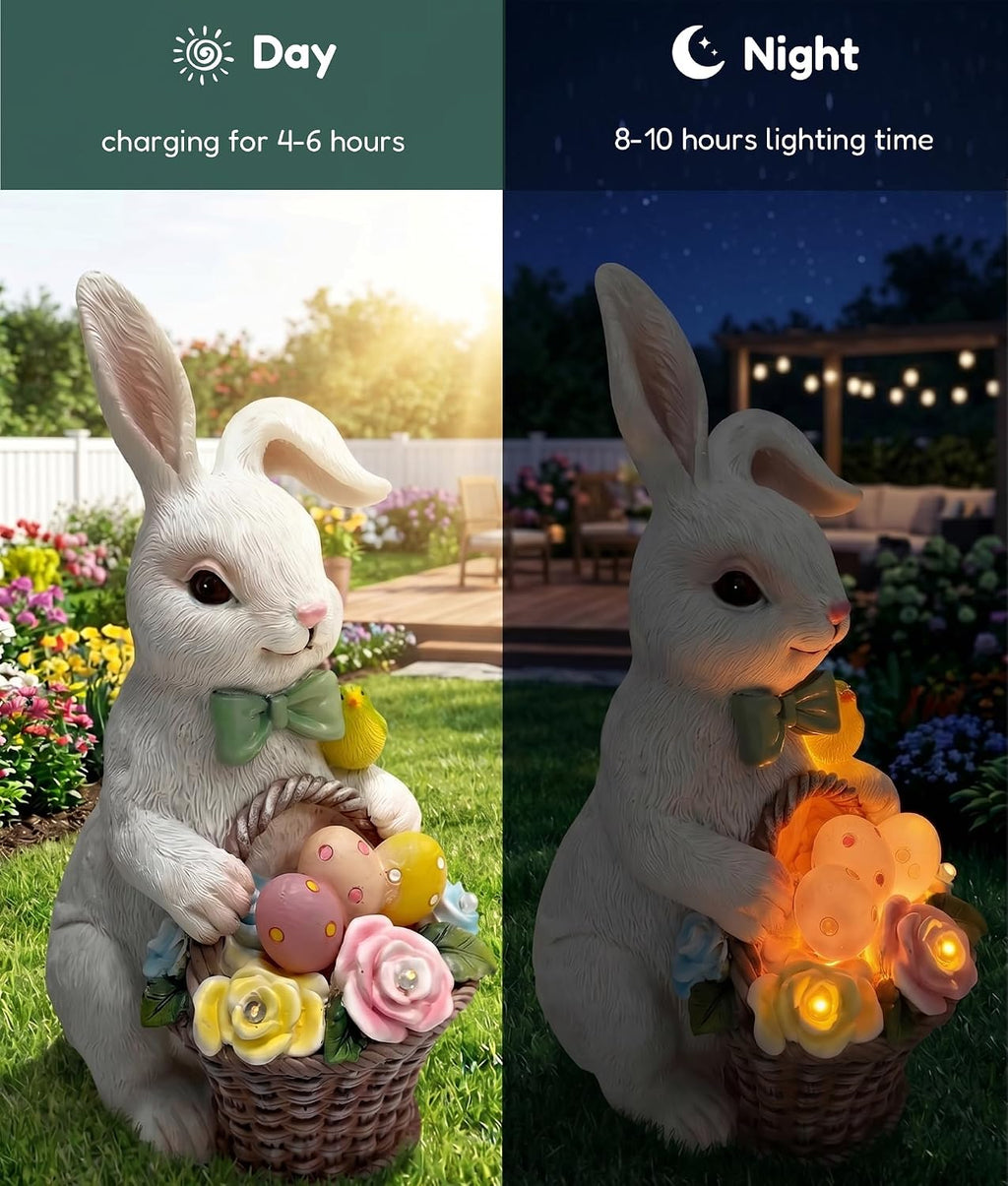 Solar Rabbit Garden Statue, Lighted Outdoor Bunny Yard Decor Gift | Glowing eggs and rose basket, hand-painted resin