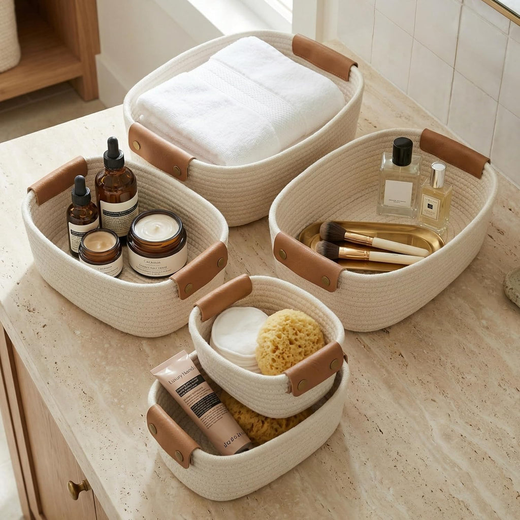 Beautiful Storage Basket Set of 5 - Sturdy Cotton Rope Baskets for Shelves Are Perfect for Organizing Your Home