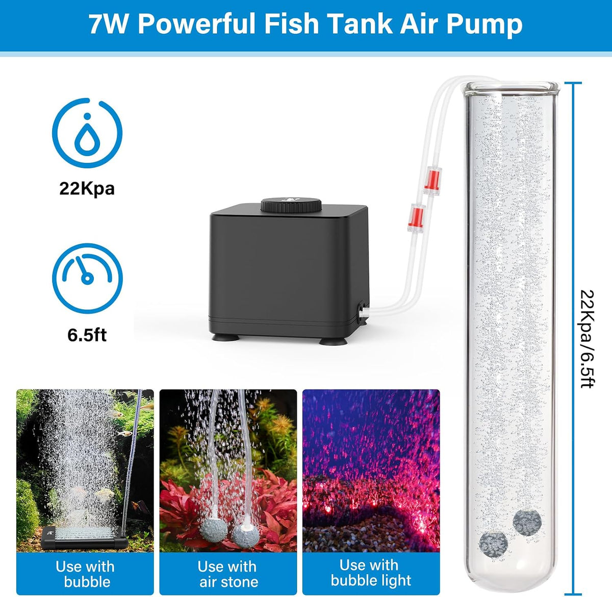 Aquarium Air Pump, Quiet Adjustable Fish Tank Air Pump, 4W/7W/11W Powerful Oxygen Aerator Dual Stainless Steel