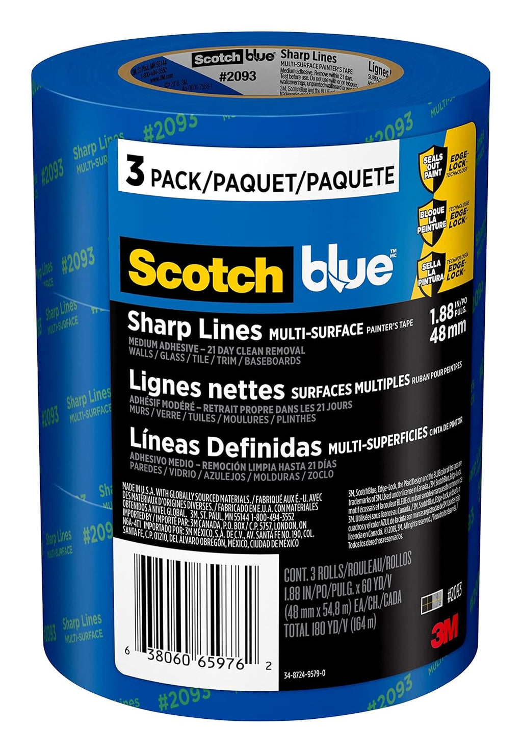 Sharp Lines Painter's Tape, 1.88 Inches x 60 Yards, 3 Rolls, Blue, Paint Tape Protects Surfaces and Removes Easily