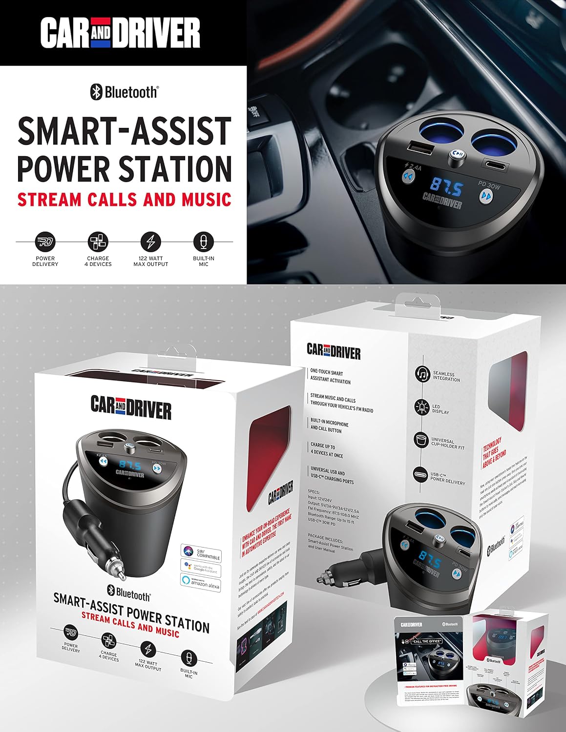 Smart FM Transmitter Bluetooth Cup Holder, Compatible with Alexa, Siri, and Google Assistant for Car, Dual USB-A and
