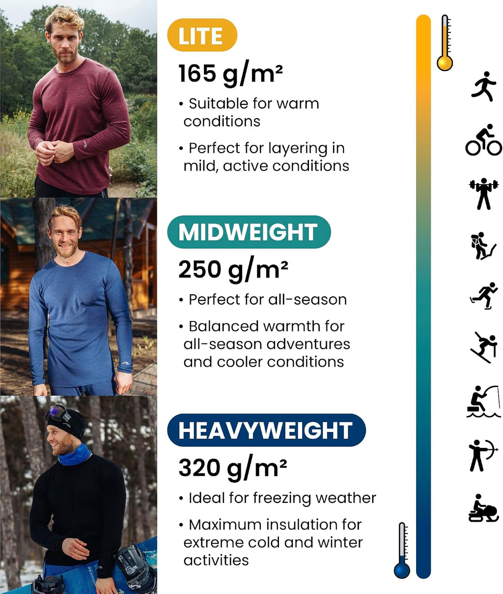 100% Merino Wool Base Layer Men Set - Thermal Underwear for Men Long Johns | Lightweight, Midweight, Heavyweight Long