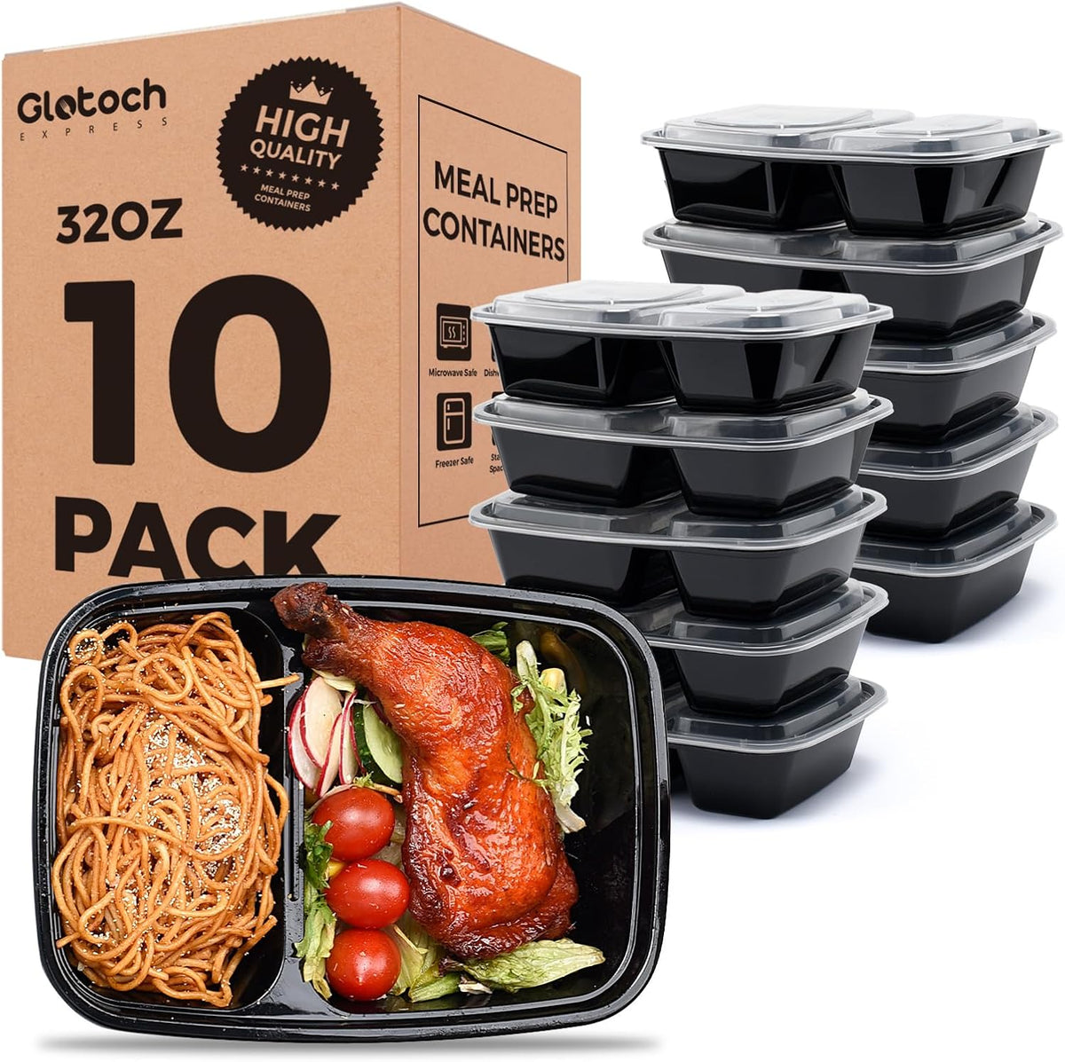 10 Pack 32 oz 2-Compartment Meal Prep Containers with Lids