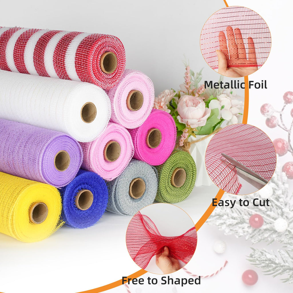 Deco Mesh Ribbon - 10inch x 30 feet Each Roll Metallic Foil(Red)