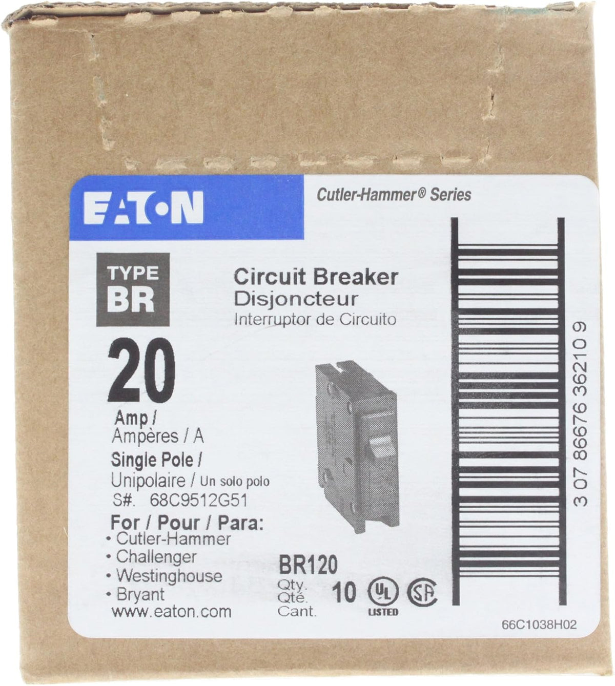 Eaton Cutler-Hammer BR120 Interchangeable Circuit Breaker, 20A, (10-Pack),Black