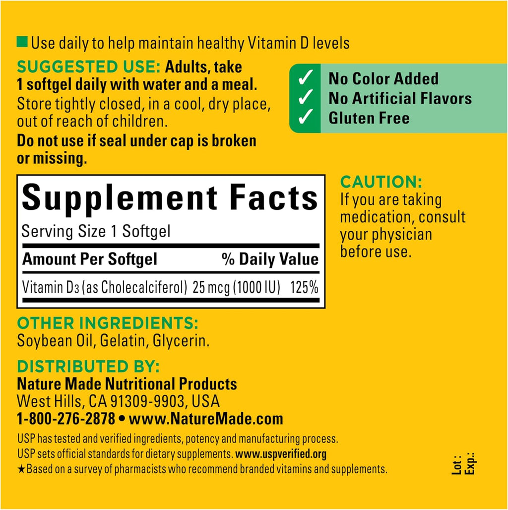 Vitamin D3 1000 IU (25 mcg), Vitamin D Supplement for Bone, Teeth, Muscle and Immune Health Support, 300 Softgels