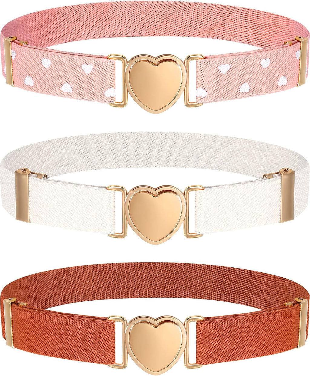 3 Pieces Girl Belts Kids Toddler Belt Elastic Stretch Adjustable Heart for Girls (Pink, White, Brown), approx.1 inch/