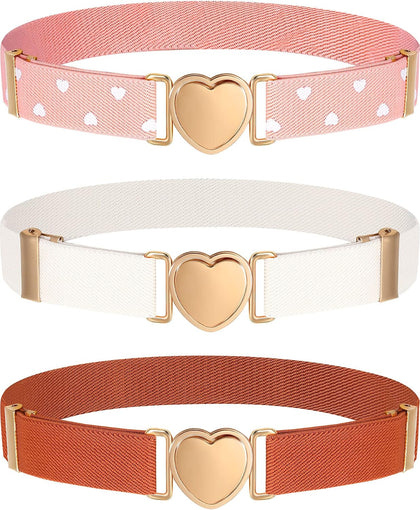 3 Pieces Girl Belts Kids Toddler Belt Elastic Stretch Adjustable Heart for Girls (Pink, White, Brown), approx.1 inch/