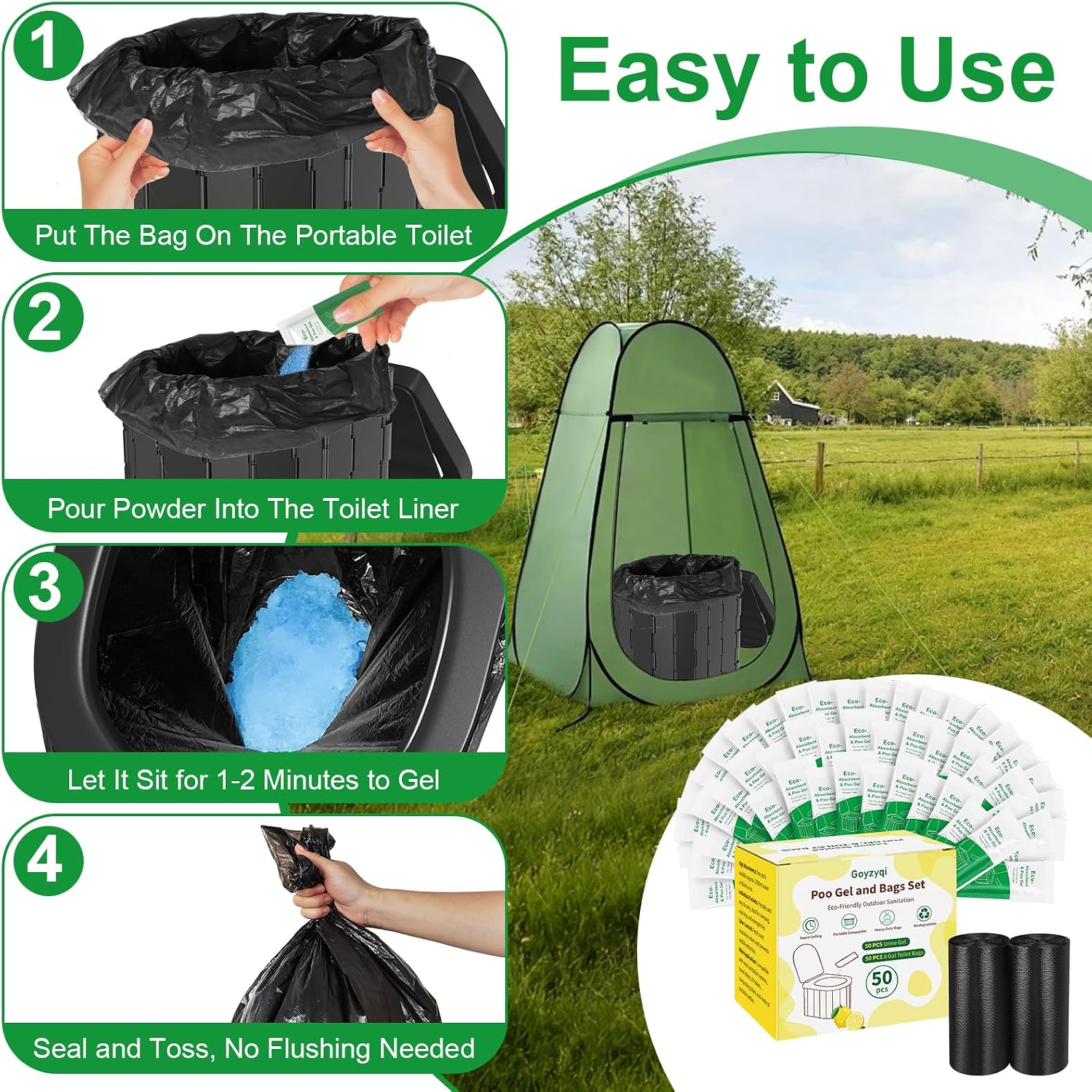50 Poo Gel and 50 Portable Toilet Bags Set, 8 Gal Biodegradable Waste Bags | Lemon Scent Portable Camping Toilet Bag