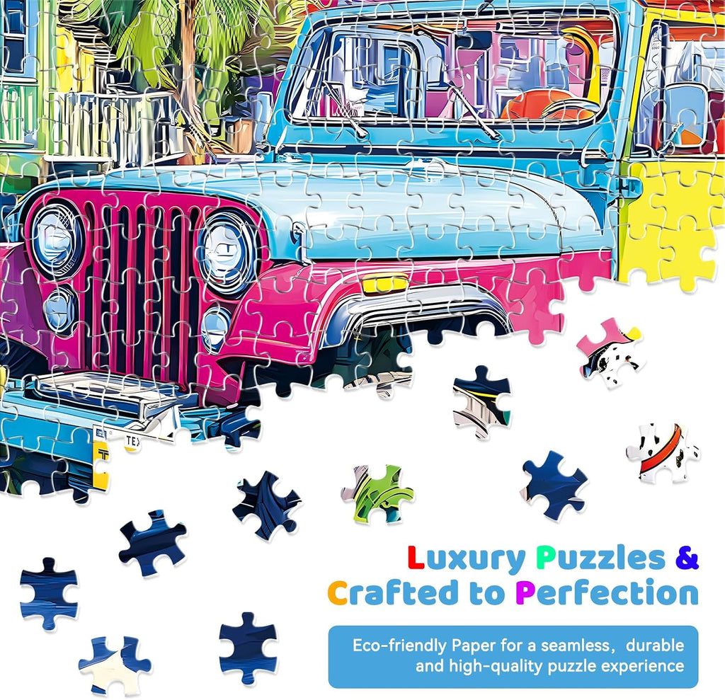500 Piece Jigsaw Puzzle for Adults – Colorful Beach Jeep with Surfboards and Tropical Island Scene, Cute Dalmatian