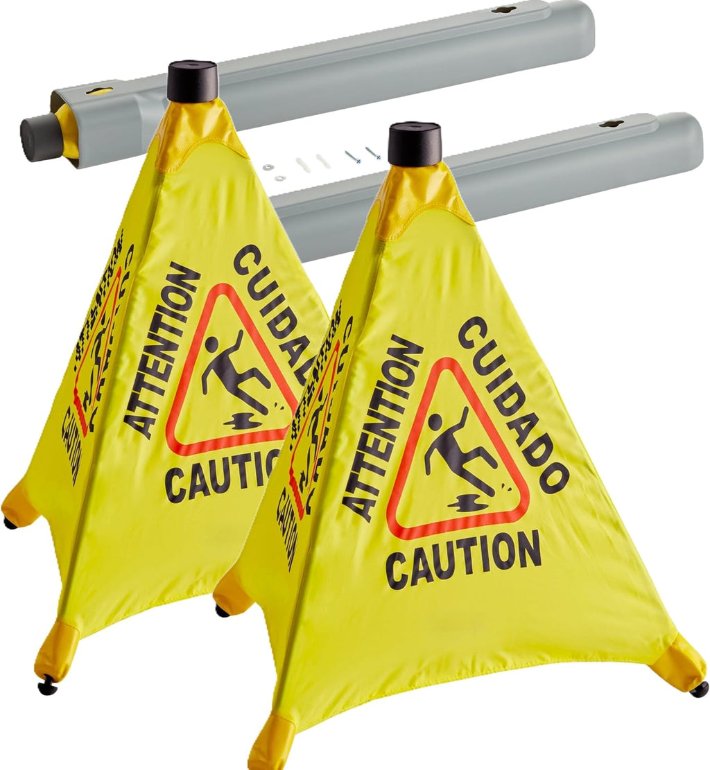 (2 Sets) Caution Wet Floor Sign - Pop Up Slippery When Wet Floor Cone, Wall Mounted Foldable Multilingual Yellow