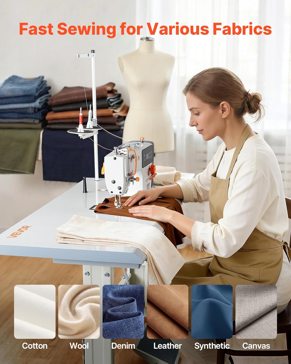 Industrial Lockstitch Sewing Machine, 550W Commercial Set with Servo Motor & Table Stand, 5000 SPM High Speed, Metal