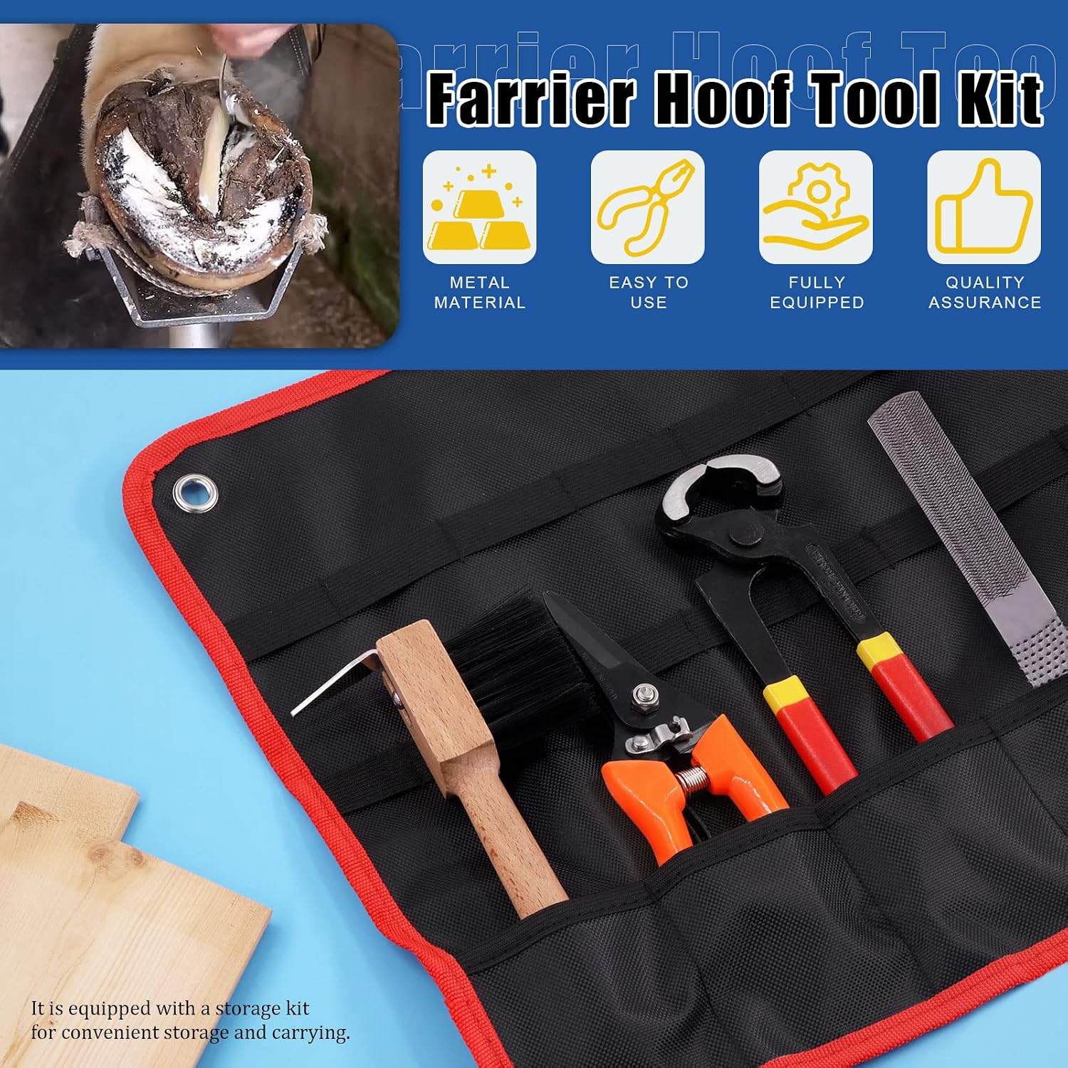 5Pcs Professional Farrier Tool Kit, Hoof Nippers Hoof Rasp Hoof Trimming Shears Hoof Brush with Storage Bag Kit, Rasp