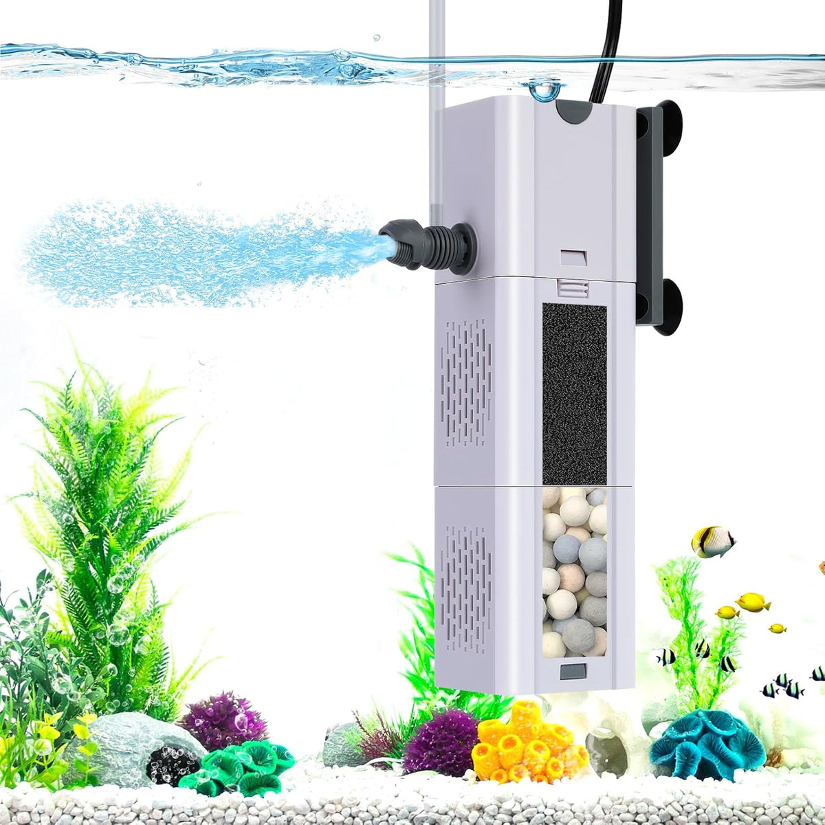 265 GPH 4-In-1 Aquarium Filter, 20-80 Gallon Fish Tank Filters (15 W)