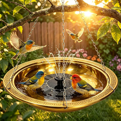 10.42 Inch Extra Deep Hanging Bird Bath with Solar Fountain, Outdoor Portable Soaking Tub with Solar Water Pump