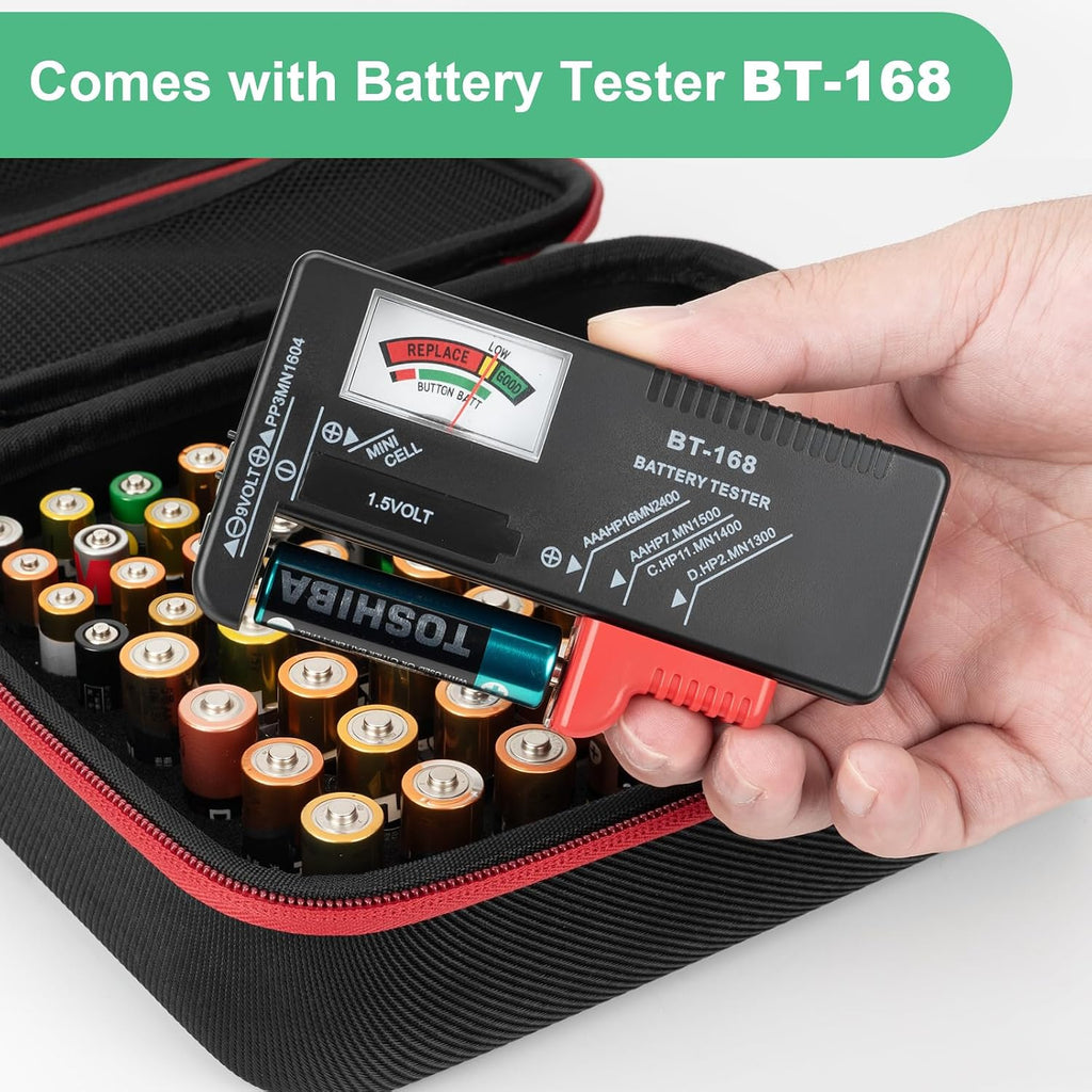 Battery Organizer Storage Case with Tester, Hardshell Portable Checker Carrying Case Holds Batteries AA AAA AAAA C D