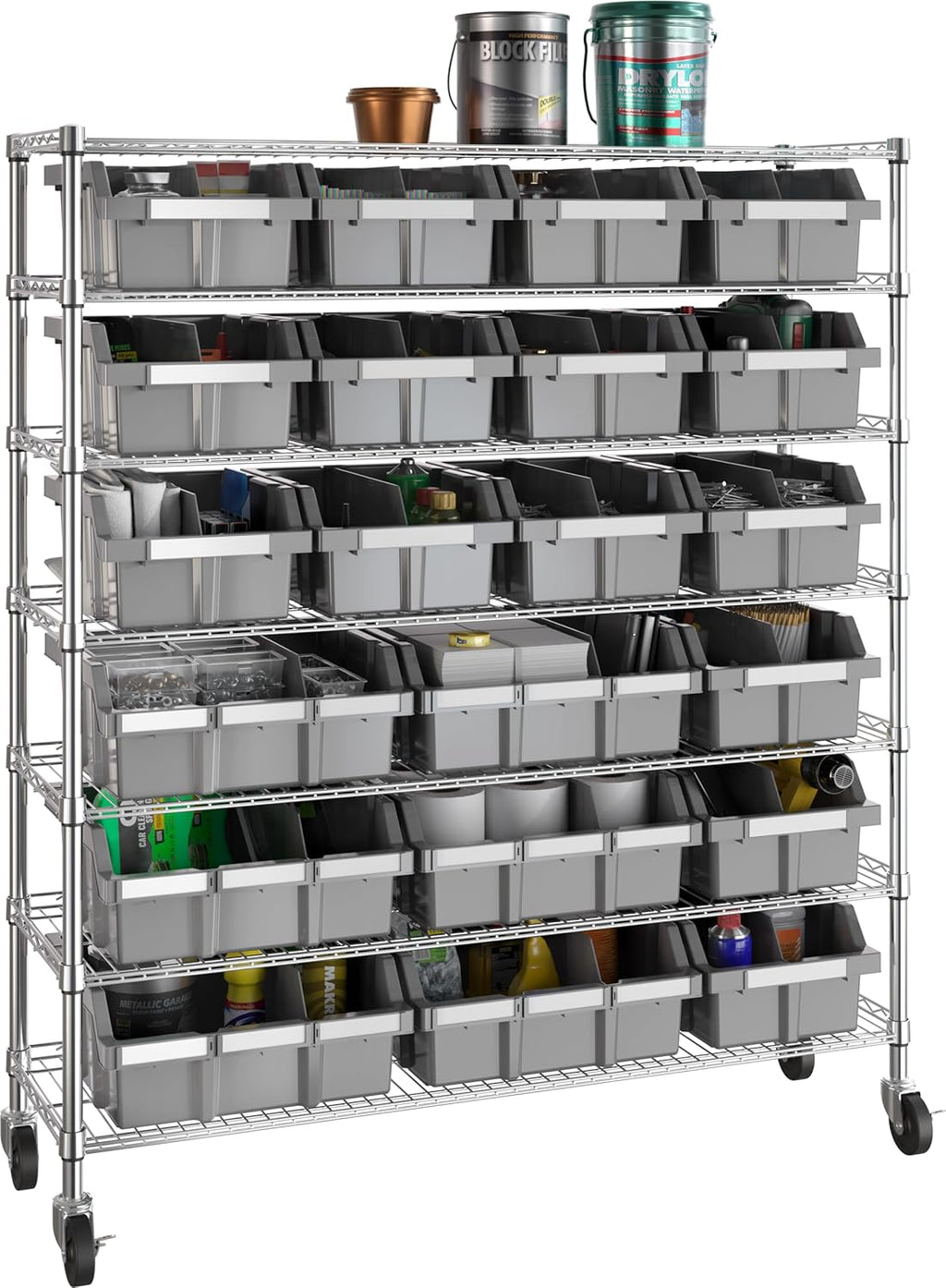 7-Tier NSF 21-Bin Steel Wire Shelving Rack, 48"W x 14"D x 56"H, Gray