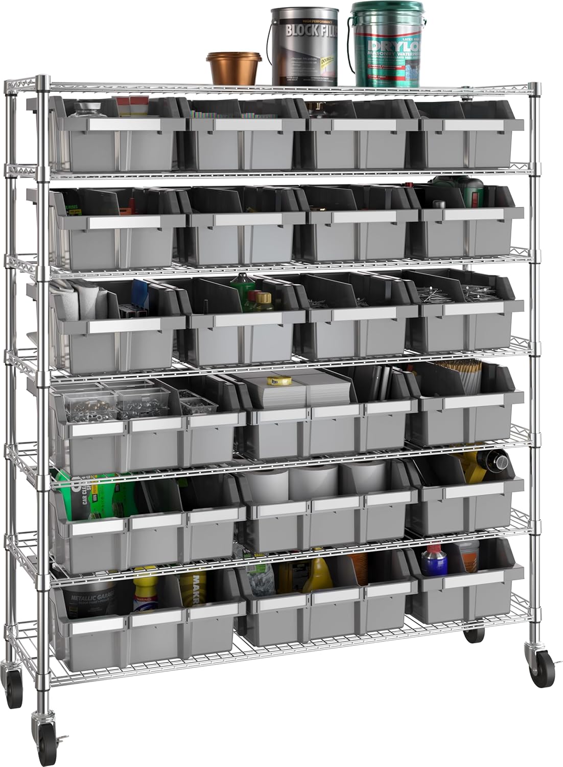 7-Tier NSF 21-Bin Steel Wire Shelving Rack, 48"W x 14"D x 56"H, Gray