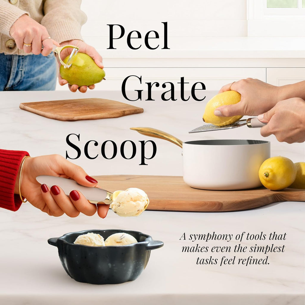 Gold and Beige Kitchen Utensils Set – 8 PC Cooking Gadgets with Mini Gold Whisk and Tongs, Pizza Cutter, Garlic