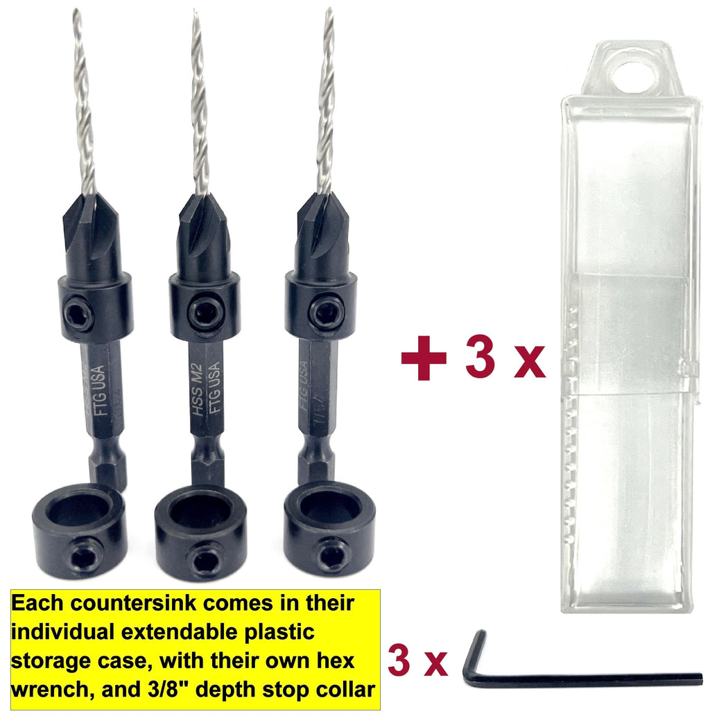 FTG USA 3 Pc #4 (7/64") Countersink Drill Bit Set with Tapered Drill Bits