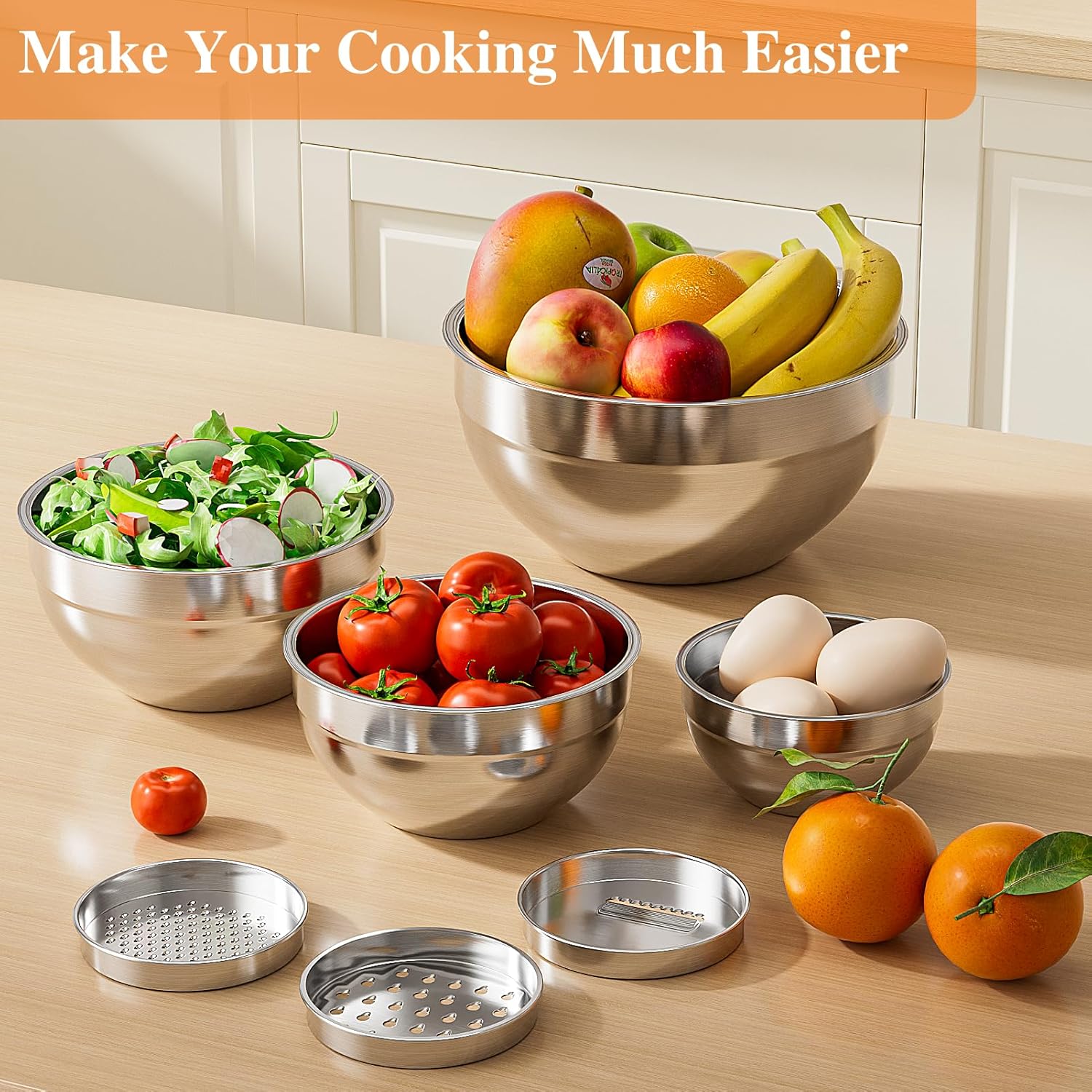 Mixing Bowls with Lids Set, 6 PCS Stainless Steel Mixing Bowls with 3 Grater Attachments, Kitchen Food Storage