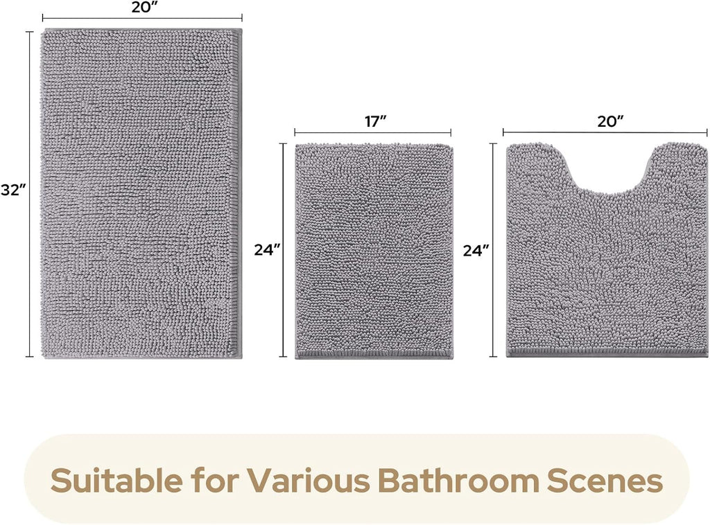 3 Pieces Bathroom Rugs, Soft Thick Absorbent Chenille Bath Mats, Washable Non-Slip Floor Rugs for Shower & Bath, Grey