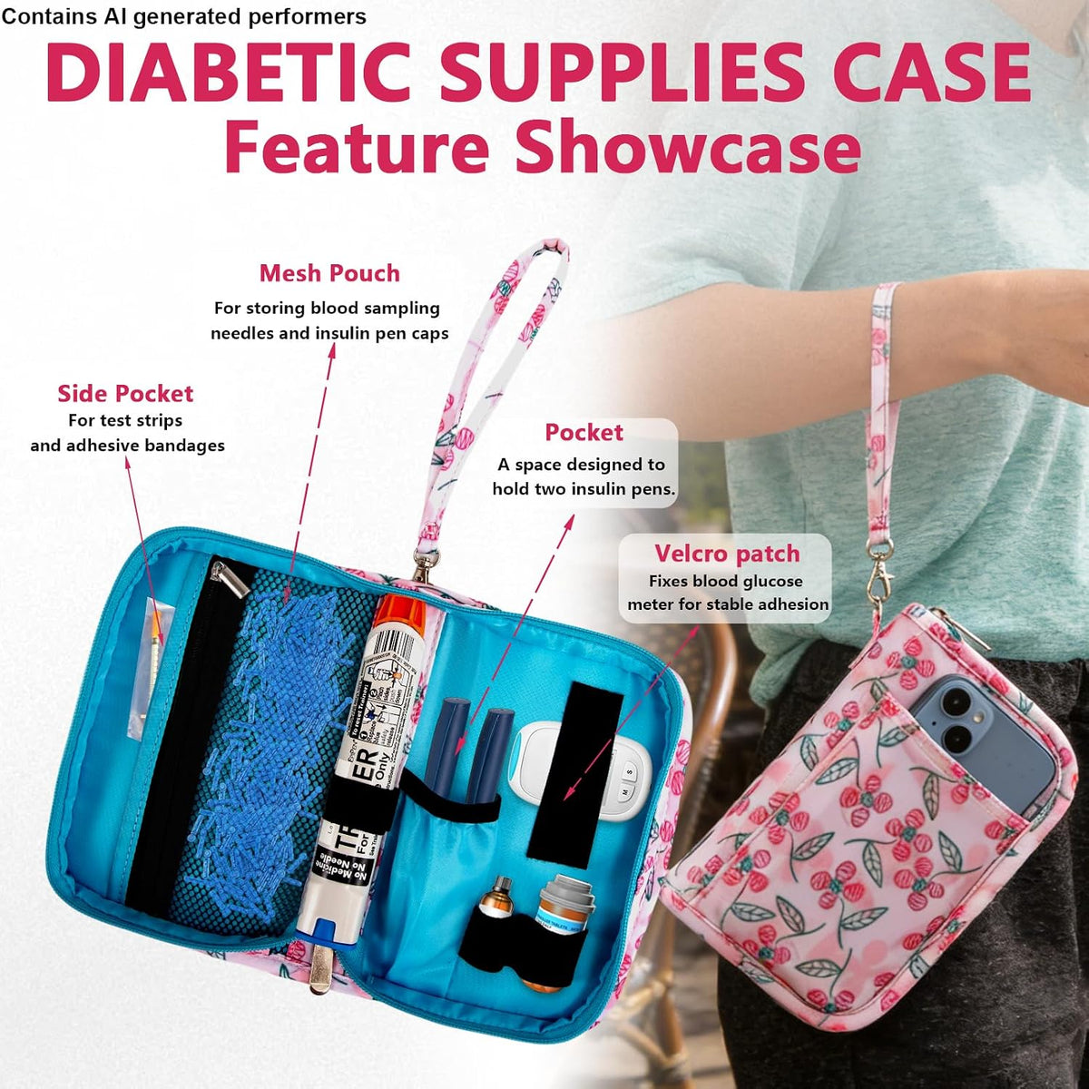 Lightweight Diabetes Travel Case, Diabetic Bag, Pink Flora