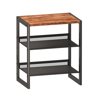 Narrow 3-Tier Shoe Rack, Slim Space-Saving Shelf with Decorative Wood Top & Steel Mesh, Entryway/Closet/Dorm