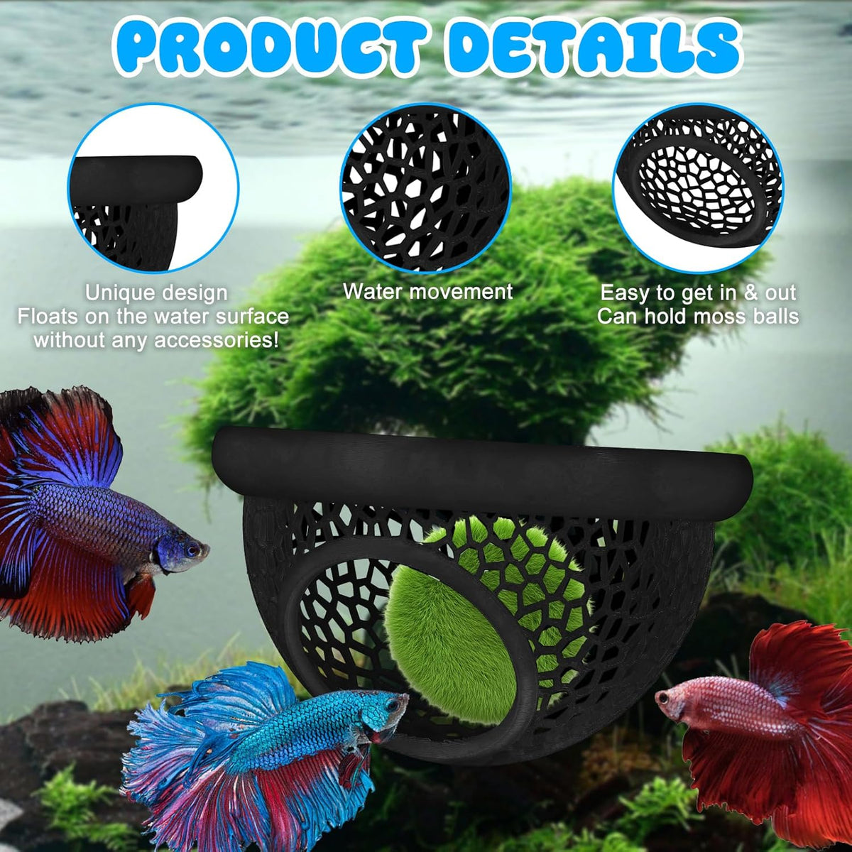 Floating Betta Hide & Shrimp Cave – 3D Printed Aquarium Decor, Multi-Functional Hammock, Feeding Ring & Safe Resting