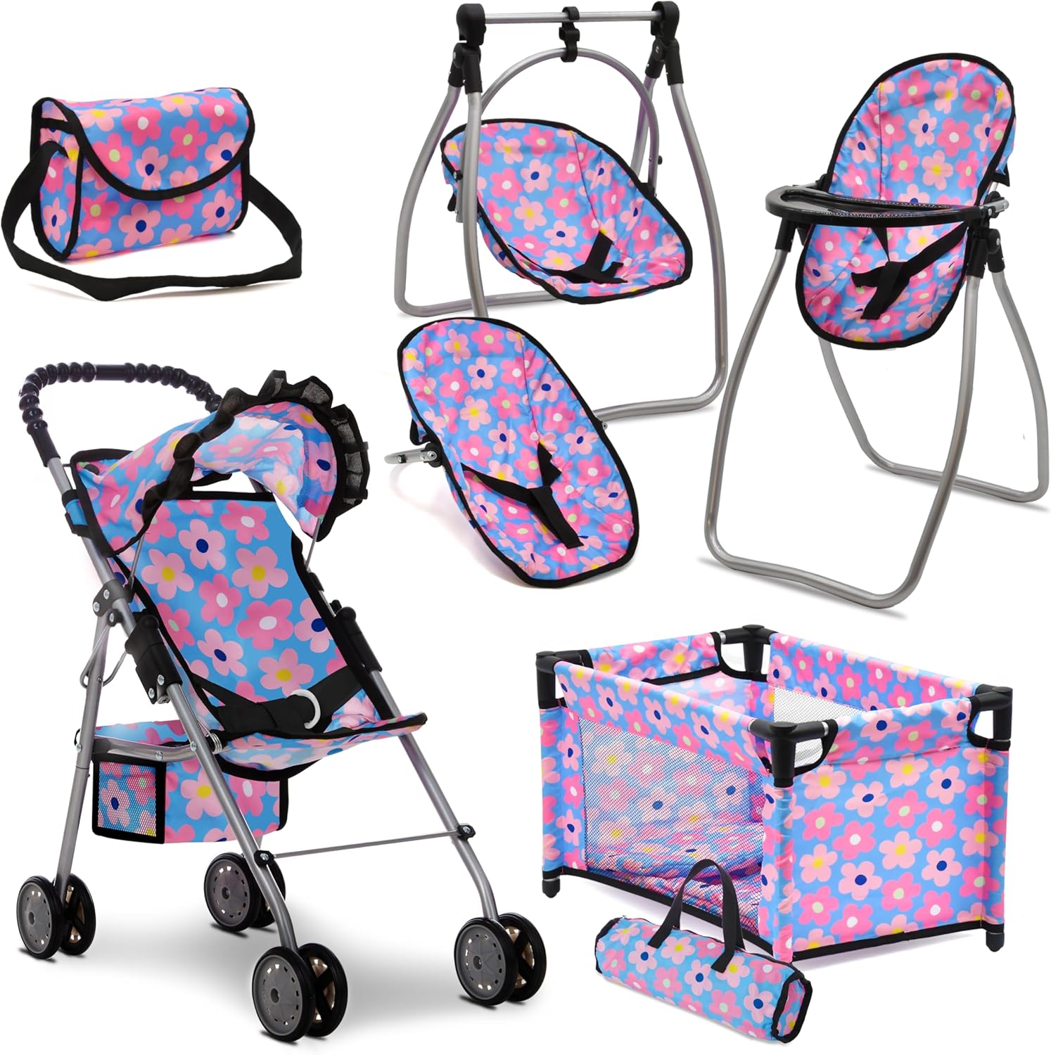 Baby Doll Stroller Bed and Swing Nursery Playset, Baby Doll Accessories Furniture Set Convertible High Chair Diaper