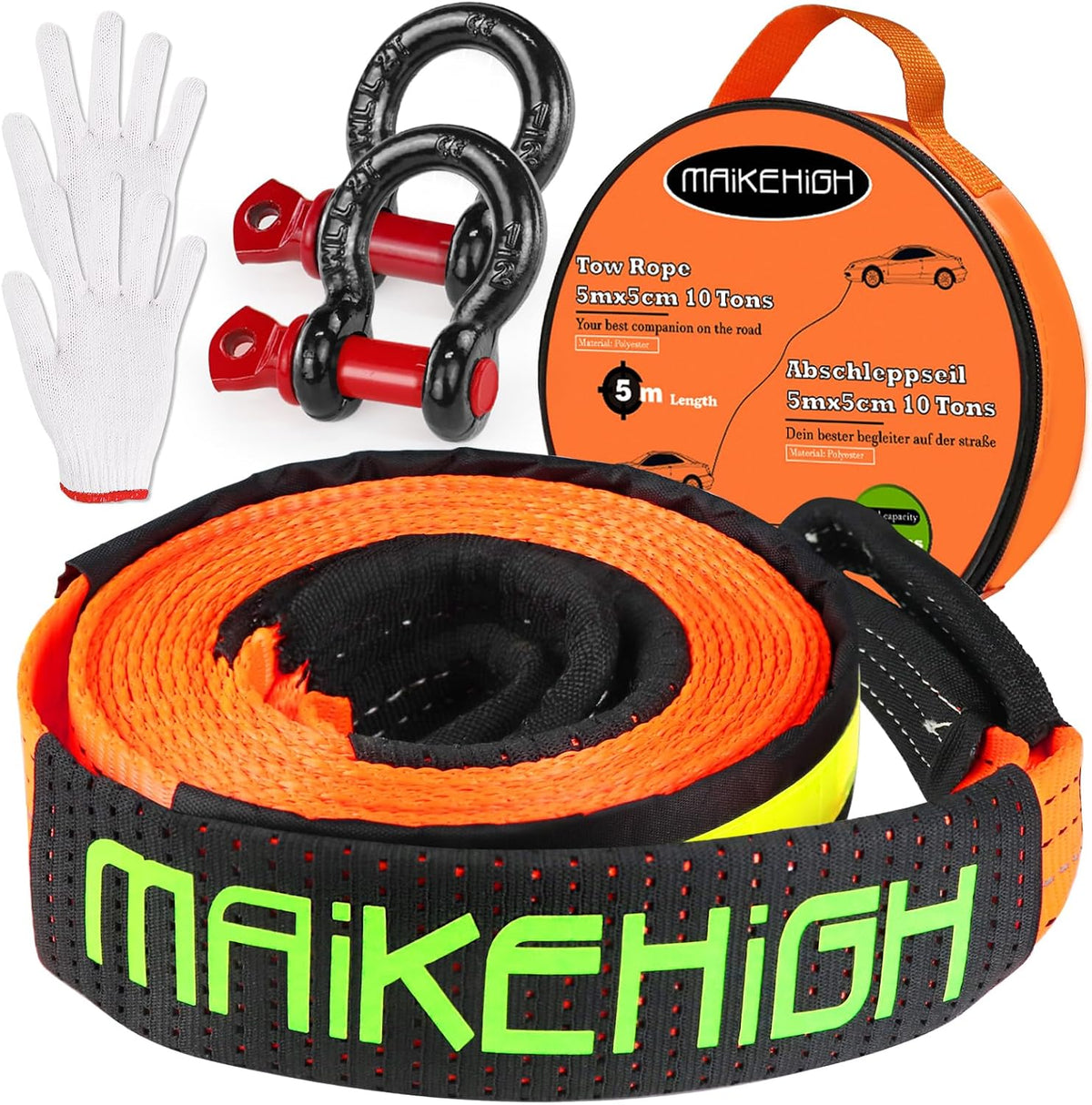 Tow Strap Heavy Duty with Hooks, 2"×16ft 22,000Lbs Tow Rope with D-Ring Shackles (2pcs) + Protective Gloves (2pcs)