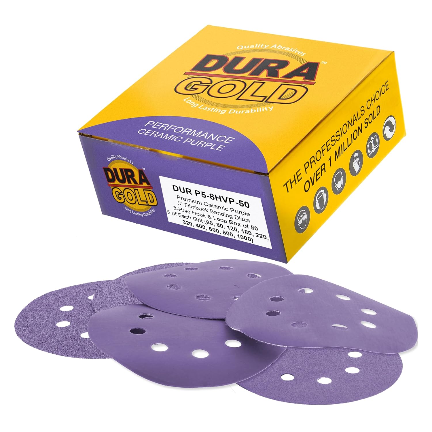 Premium 5" Purple Film Ceramic Sanding Discs, 8-Hole Pattern, 50 Disc Variety Pack, Grits 60, 80, 120, 180, 220, 320