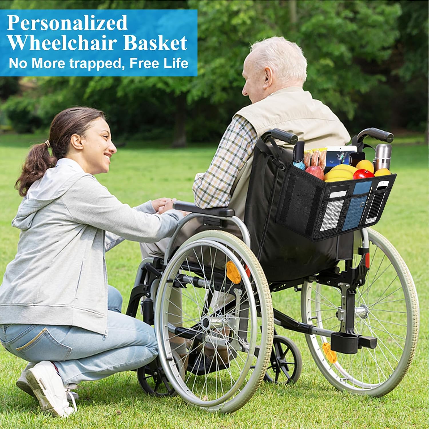 Wheelchair Basket for Back, Large Capacity Wheelchair Backpack Storage Bag with Cup Holder