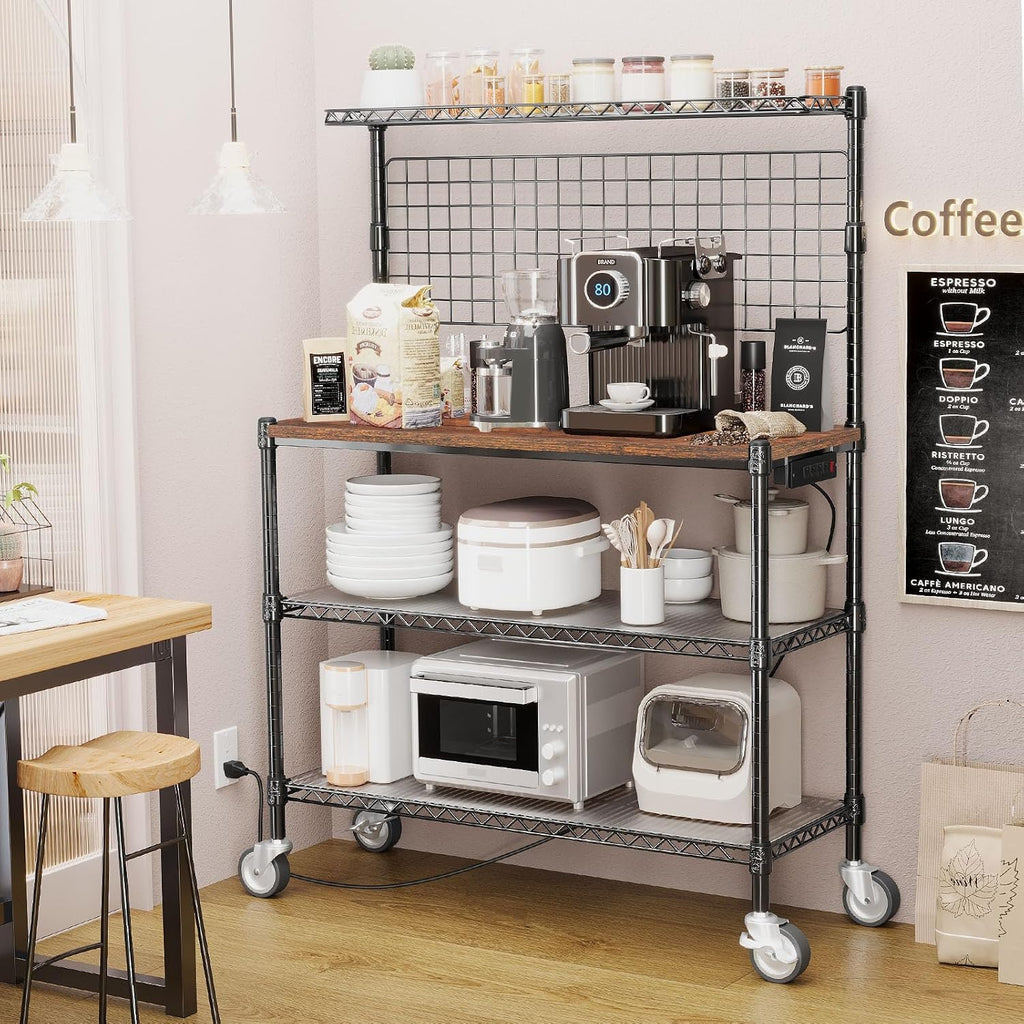 Bakers Rack with Power Outlet & Storage,36In Microwave Stand Kitchen Cart
