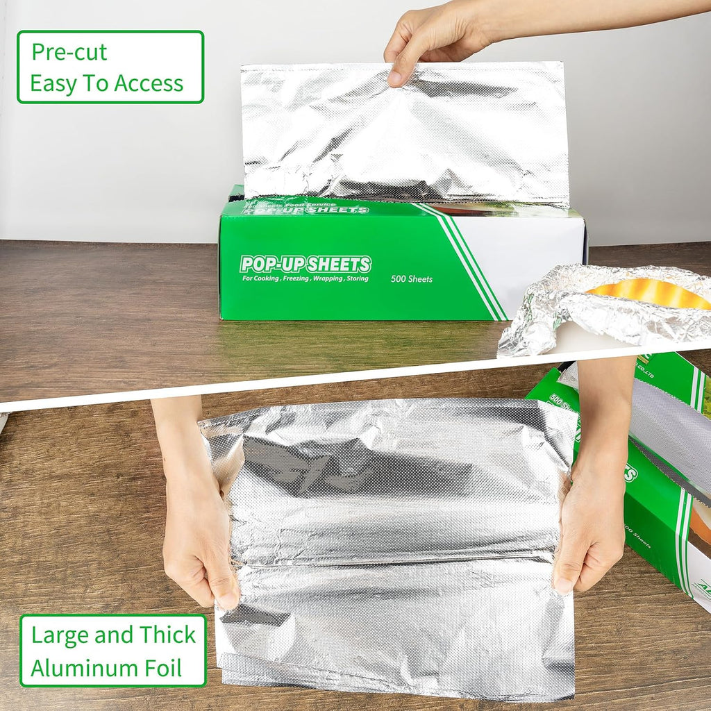 Aluminum Foil Wraps - 500 Precut Sheets, 12 x 10.75 Inch, Pop-Up Interfolded Foil for Baking, Grilling, Roasting