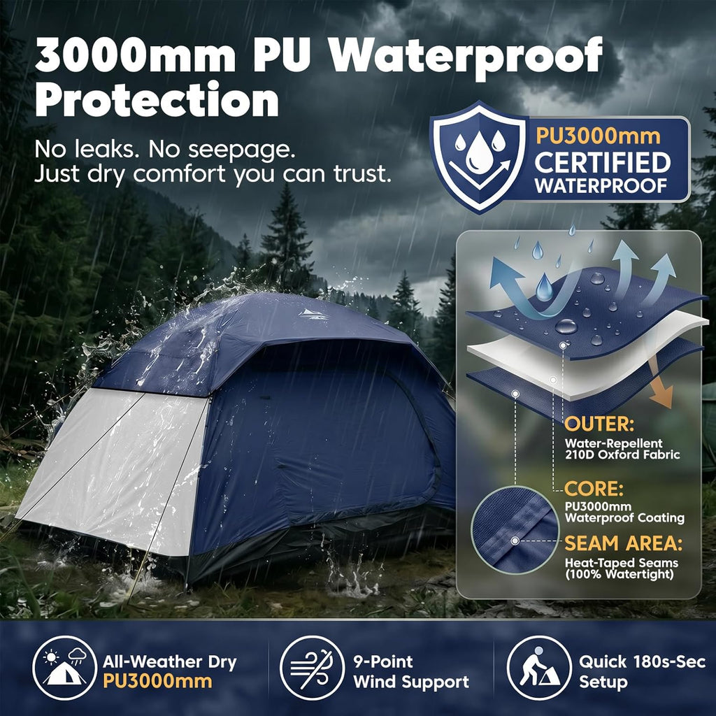 4 Person Tents for Camping Waterproof, Windproof Dome Tent with Rainfly, Easy Setup Portable Tent for Outdoor Camping