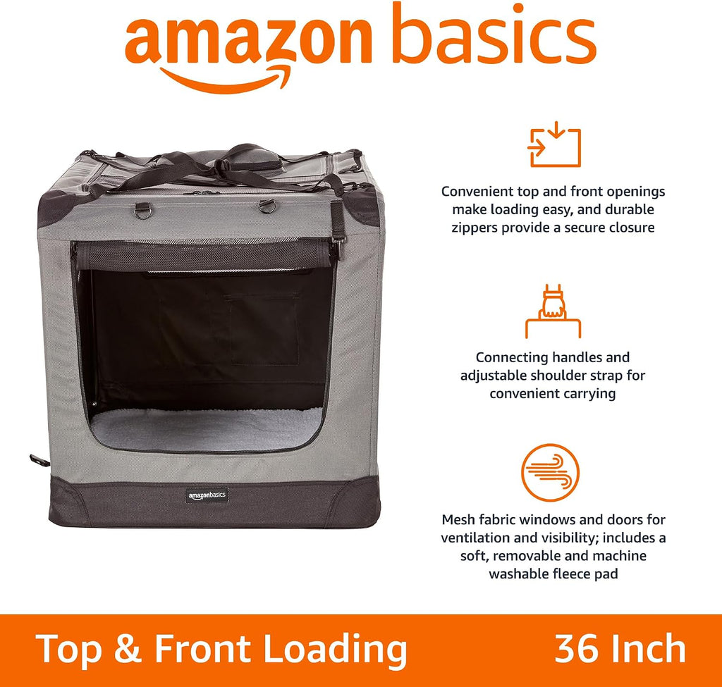 Portable Folding Soft Pet Dog Crate Carrier Kennel for Large Dogs, Easy to Clean, 36 x 24 x 24 inches, Grey