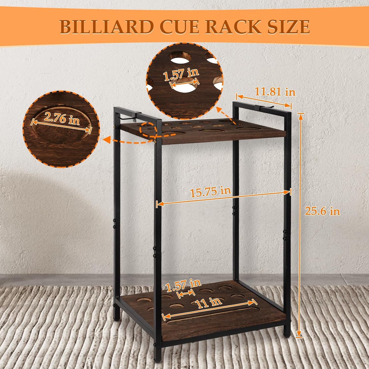 Pool Stick Holder, 10-Hole Wooden Freestanding Billiard Cue Racks Black | Cue Stick Holder for Game Room Billiard
