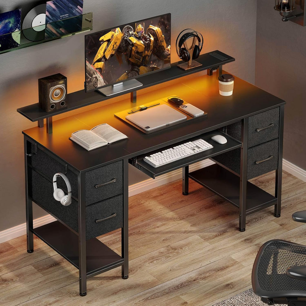 Computer Desk 47.2" with LED Lights & Power Outlets, Home Office Desk with 4 Drawers, Writing Desk with Keyboard