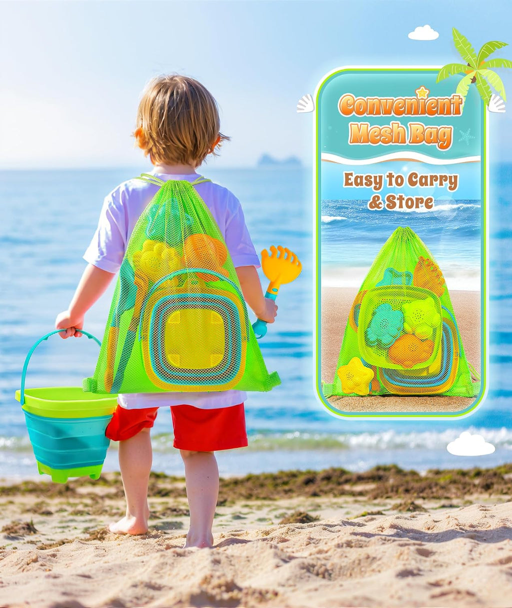 Collapsible Beach Sand Toys for Kids Toddlers, Collapsible Sand Bucket | Sand Sifter Shovels Set with Mesh Bag and