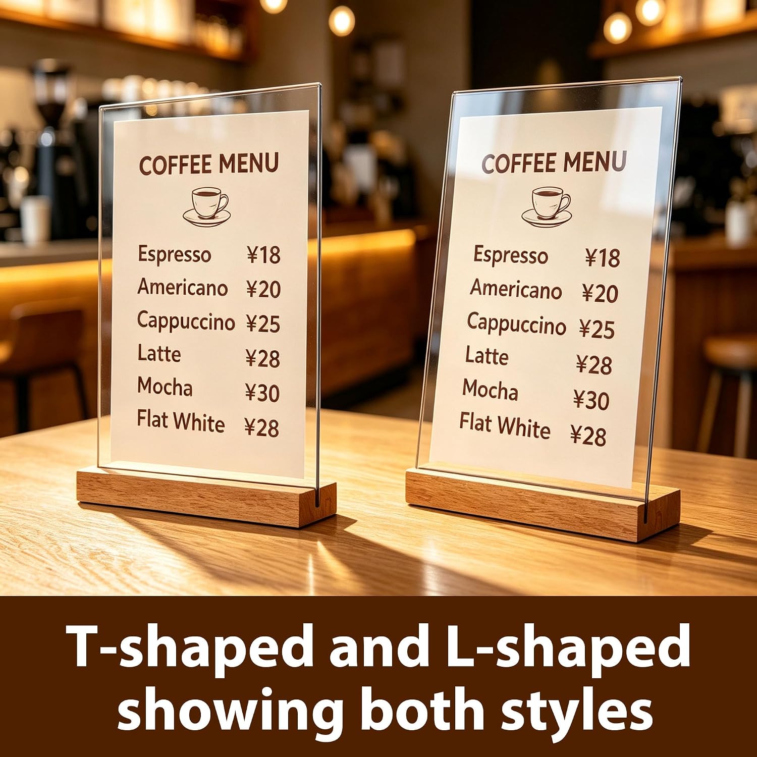 Acrylic Sign Holder with Wood Base, Dual Slot Design L/T Shape Tabletop Display Stand, Vertical Double-Sided & Slant
