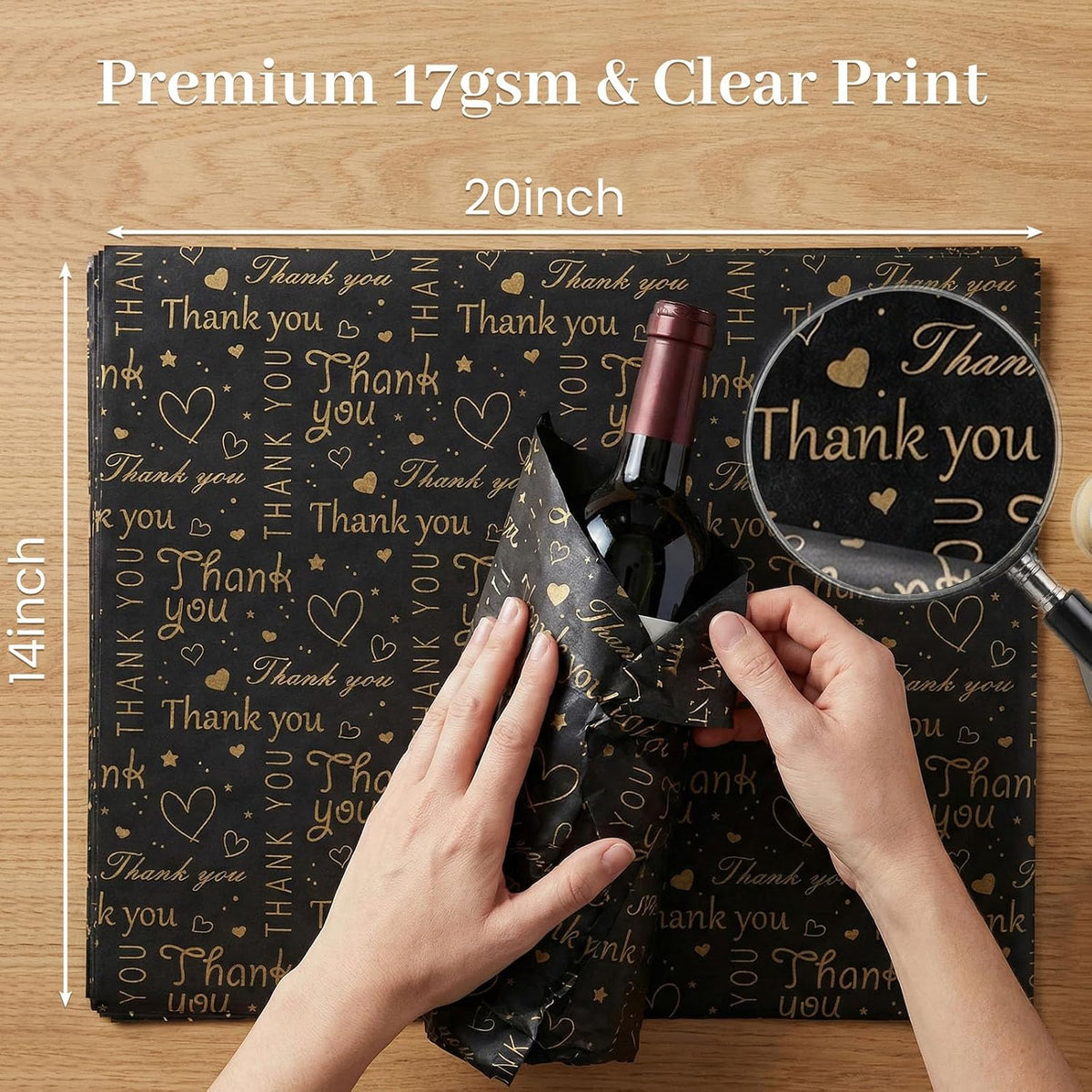 100 Sheets Black Gold Thank You Tissue Paper, 20 X 14 inches
