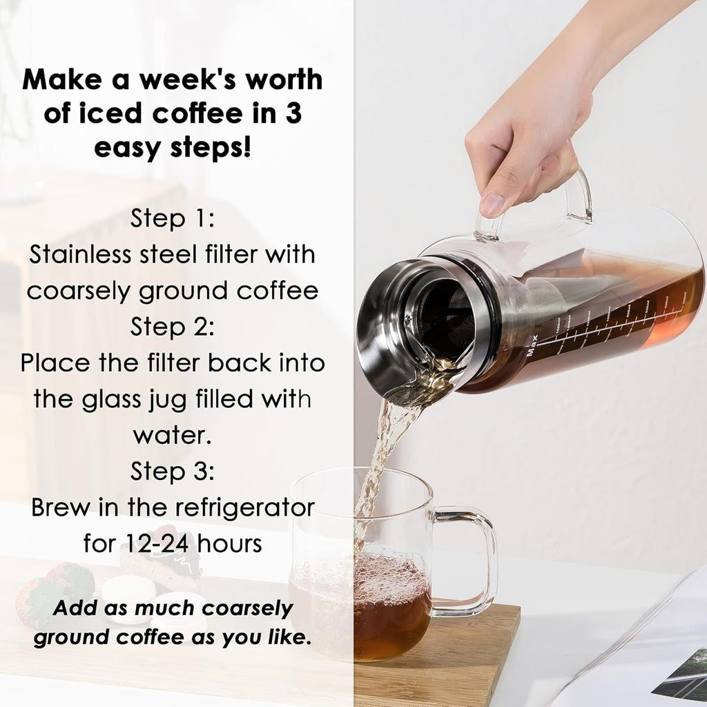 51oz Cold Brew Coffee Maker, Borosilicate Glass Pitcher for Iced Tea | Dishwasher Safe, Family Size, Up to 2 Weeks