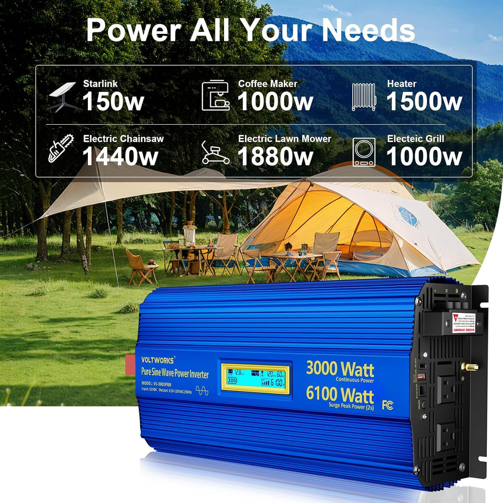 3000 Watt Pure Sine Wave Power Inverter 3000W 12V to 110V 120V AC, 6100W Surge Peak Power for 2 Seconds, UL Fuses